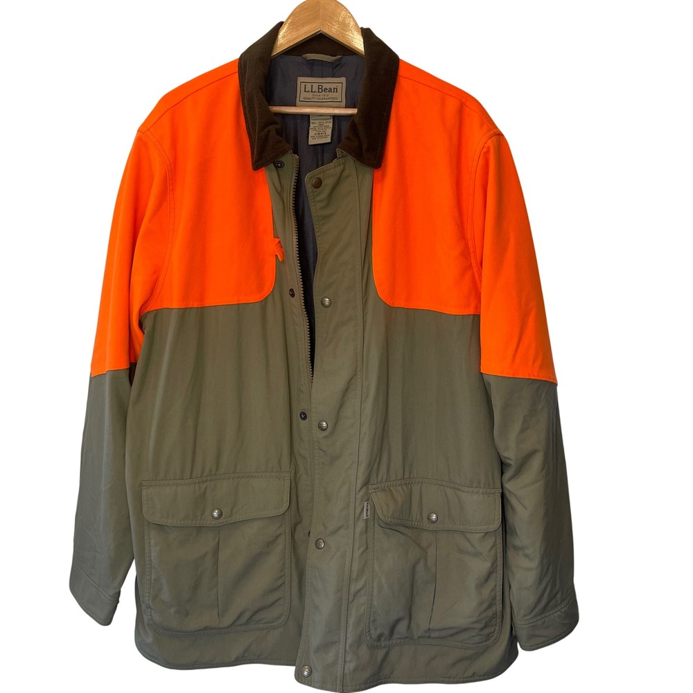 LL Bean Mens Large Tall Upland Hunter Field Jacket‎ Orange Green Utility Cargo